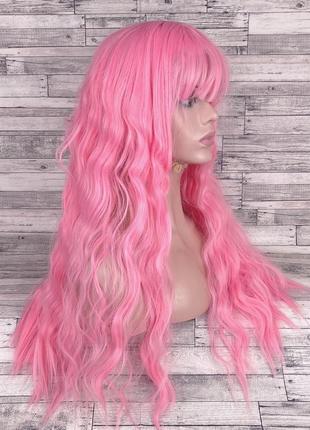 3096 парик волнистый с челкой и пробором 70см розовый3 фото