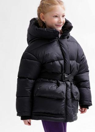 Теплая зимняя детская черная куртка, пуховик для девочки с капюшоном и поясом dt-8359-8 черный