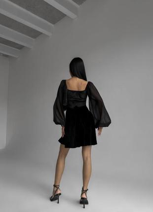 Платье бархатное с шифоновыми рукавами черное6 фото