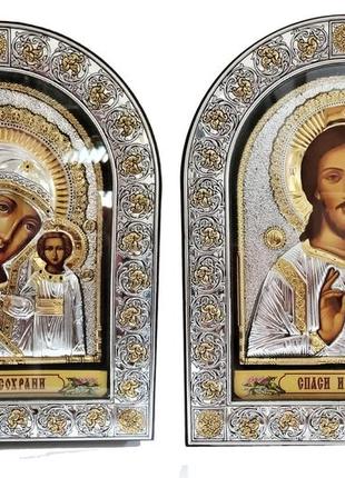 Грецька венчена пара ікон silver axion 125 і казанська божественна мати в білій шкірі epz4-181/182ag/p1 фото