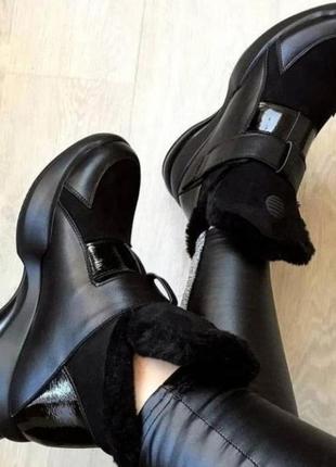 Philipp plein style зима! женские  ботинки с мехом кожа полуботинки филипп плейн на танкетке с липучками2 фото