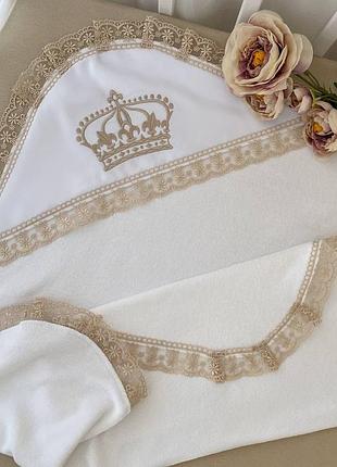Махровая крыжма с уголком для крещения мальчика / девочки. размер 75*80 см. крестильное полотенце корона