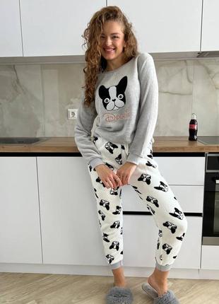 Піжама жіноча кофта і штани принт собачки махра туреччина тепла7 фото