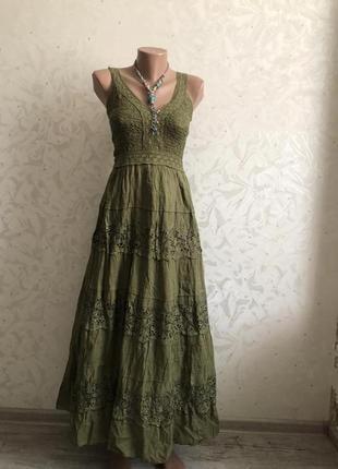 Сарафан длинный платье зеленый хаки прошва выбитый вышитый2 фото