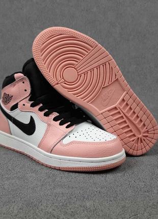 Nike air j0rdan 1 белые с розовым высокими кроссовками женские кожаные отличное качество кеды найк джордан осенние кожа высокие5 фото