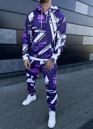 Фиолетовый мужской спортивный костюм теплый на флисе