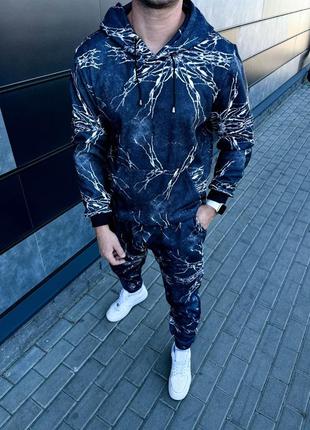 Чорно білий чоловічий спортивний костюм теплий на флісі