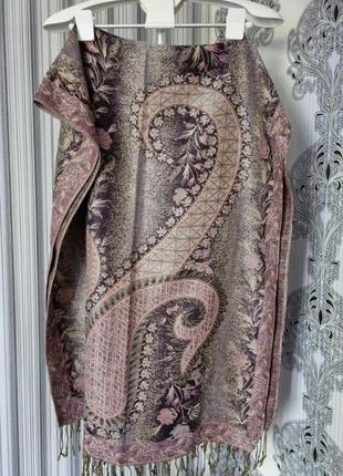 Стильный крупный фиолетовый золотистый теплый шарф пашмина палантин шаль с люрексом кисточками в цветы восточный узор5 фото