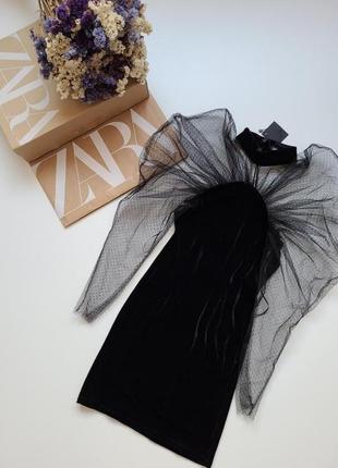 Платье нарядное вечернее бархатное с рукавами с органзы чёрное zara xs6 фото