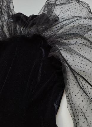 Платье нарядное вечернее бархатное с рукавами с органзы чёрное zara xs8 фото