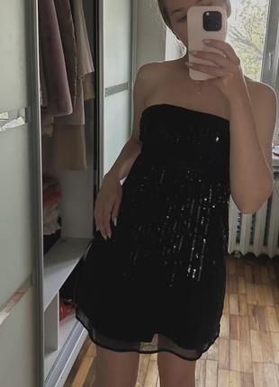 Коктейльне міні сукня без бретелей чорне відрізне під грудьми паєтки ошатне святкове вечірнє красиве