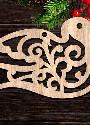 Деревянная новогодняя елочная игрушка "птичка вензеля" украшение на ёлку фигурка из бежевого лдвп 9 см