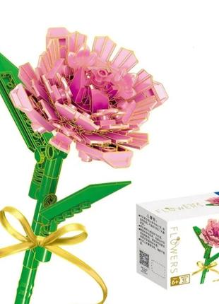 Конструктор лего пластик цветок, розовая гвоздика, букет игрушка, bric