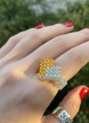 Сине желтое кольцо серденько ручной работы