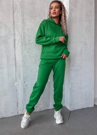 Женский костюм теплый на флисе повседневный худи брюки темно-зеленый зумруд зеленый оливка4 фото