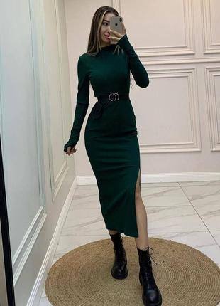 Сукня міді по фігурі в рубчик з прорізами для пальчиків з розрізом плаття довге чорна бежева зелена синя трикотажна стильна трендова