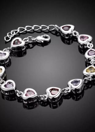 Жіночий срібний браслет "сердечки з кольоровими цирконами" ювелірний сплав xuping - оригінальний подарунок дівчині