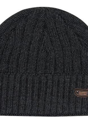 Мужская зимняя шапка теплая крупной вязки с отворотом на флисе классик рубчик черного цвета2 фото