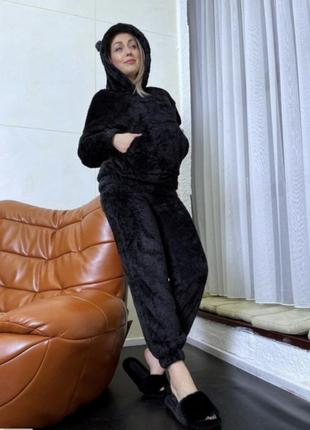 Махровый костюм пижама для дома домашний худи с ушками качественный теплый утепленный махра плюшевый мягкий батал бежевый черный голубой ваниль мокко2 фото