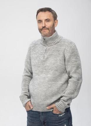 Вязаный теплый мужской свитер серый со стойкой с молнией вырезом размеры от xl до 3xl