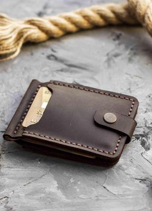 Зажим для денег и карточек из натуральной кожи на кнопке коричневый ручной работы держатель для купюр кожаный