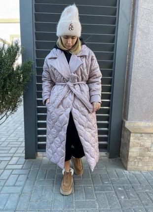 Тепле стьобане зимове пальто з поясом на кнопках, жіноче довге пальто на зиму