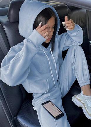 Теплый спортивный костюм на флисе худи толстовка кофта кенгуру с капюшоном штаны джоггеры на резинке синий электрик черный голубой молочный