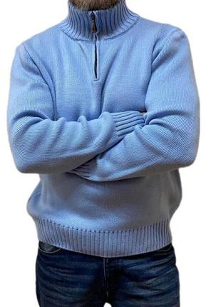 Вязаный теплый мужской свитер голубой со стойкой с молнией вырезом размеры от xl до 3xl