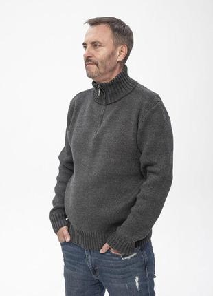 Вязаный теплый мужской свитер темно-серый со стойкой с молнией вырезом размеры от xl до 3xl