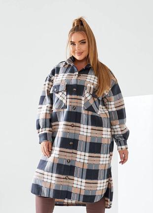 Удлиненная теплая рубашка миди кардиган на пуговицах из флиса в шотландскую клетку тартан батал большого размера бежевая мята синяя серая хаки бордо