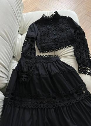 Костюм в стиле zimmermann блуза короткая юбка длинная с гипюром органзой нарядный черный8 фото
