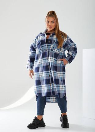 Удлиненная теплая рубашка миди кардиган на пуговицах из флиса в шотландскую клетку тартан батал большого размера бежевая мята синяя серая хаки бордо