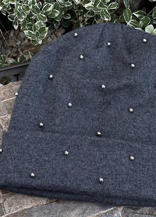 Стильна м’яка шерстяна шапка біні сіра бавовна/шерсть2 фото