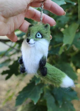 Зелена лисичка брелок іграшка валяна з шерсті інтерєрна лиса сувенір подарунок лис8 фото