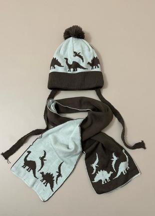 Зимний набор на мальчика 2-3-4 года комплект шапка и шарф из Дино шапка на флисе