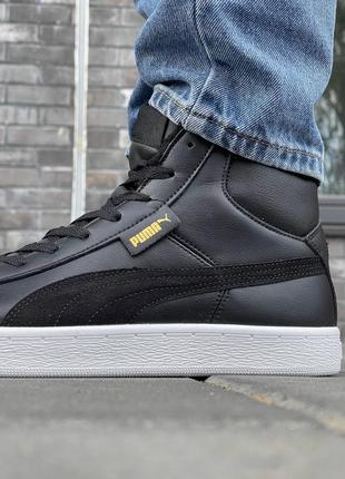 Кожаные зимние высокие кроссовки puma mid corduroy black fur ❄️. цвет черный с белым.8 фото