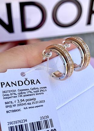 Сережки пандора золото срібло сережки pandora серьги «двоколірні з паве» сережки пусети кульчики оригінальні сережки пандора нові бірка пломба
