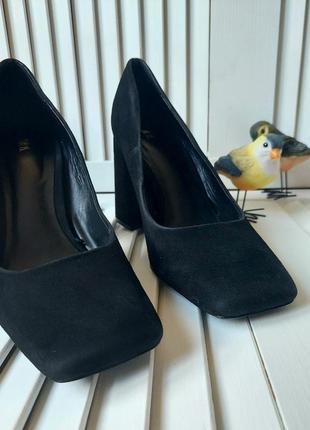 Туфли кожаные замшевые черные туфли на блочном каблуке с квадратным носом zara4 фото