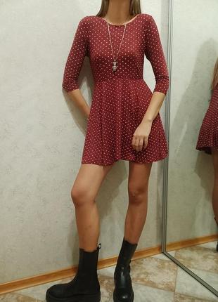 Бордова міні сукня в горошок2 фото