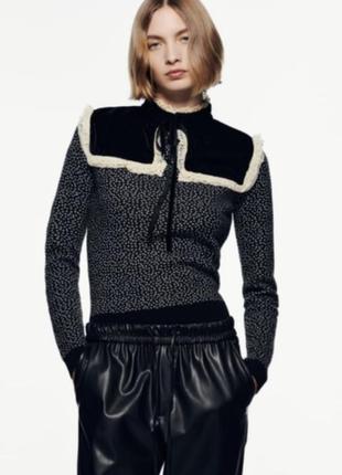 Zara бархатный комбинированный вязаный свитер