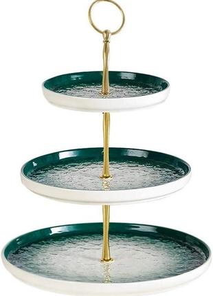 Фарфоровый 3-ярусный держатель подставка для десертов (зеленое золото) уценка1 фото