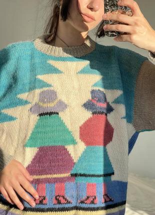 Винтажный шерстяной оверсайз разноцветный свитер1 фото