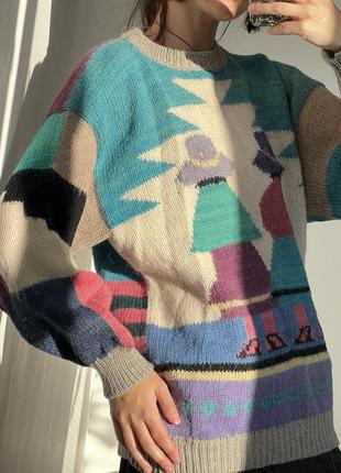 Винтажный шерстяной оверсайз разноцветный свитер5 фото