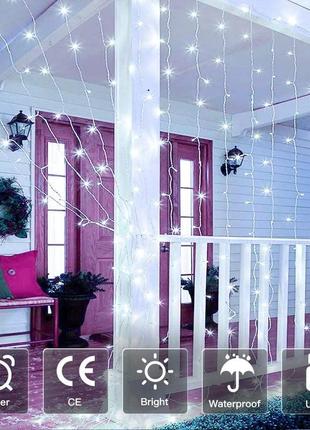 Ollny lights curtain lights christmas cool white 300 led 3*3m, пульт дистанционного управления