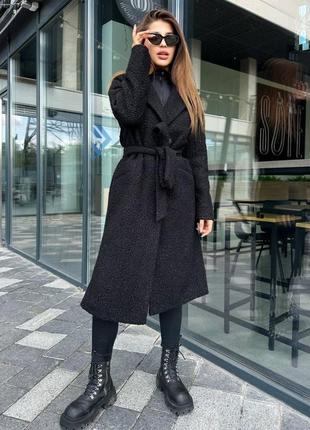 Классическое двубортное пальто миди тедди каракуль букле барашек с поясом шерстяное чёрное бордовое пудра удлиненный теплый тренч кардиган пиджак1 фото