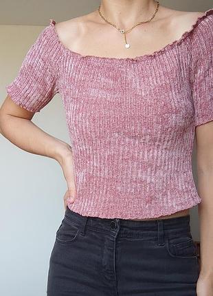 Плюшевый теплый топ/ укороченная футболка с приспущенными плечами, размер m/ 44-46, bershka