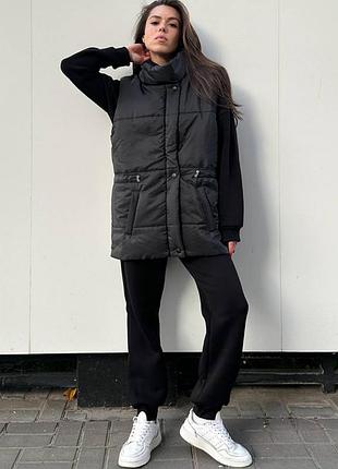 Теплый костюм тройка не кашлатится жилетка безрукавка худи толстовка кенгуру с капюшоном брюки штаны джоггеры на резинке черный малина оливка голубой