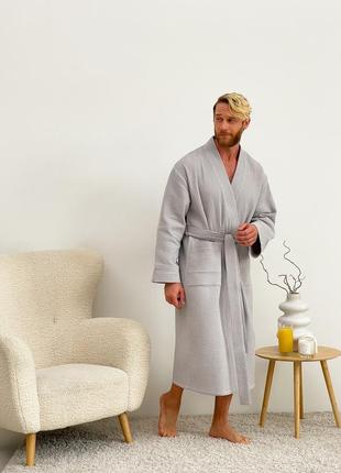 Мужской вафельный  натуральный халат для дома и ванны, мужской халат для бани7 фото