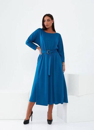 Трикотажное платье с поясом больших размеров платье синего цвета из французского трикотажа3 фото