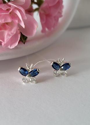 Срібні сережки (пара) гвоздики на закрутках метелики з синіми каменями срібло 925 5246 1.80г